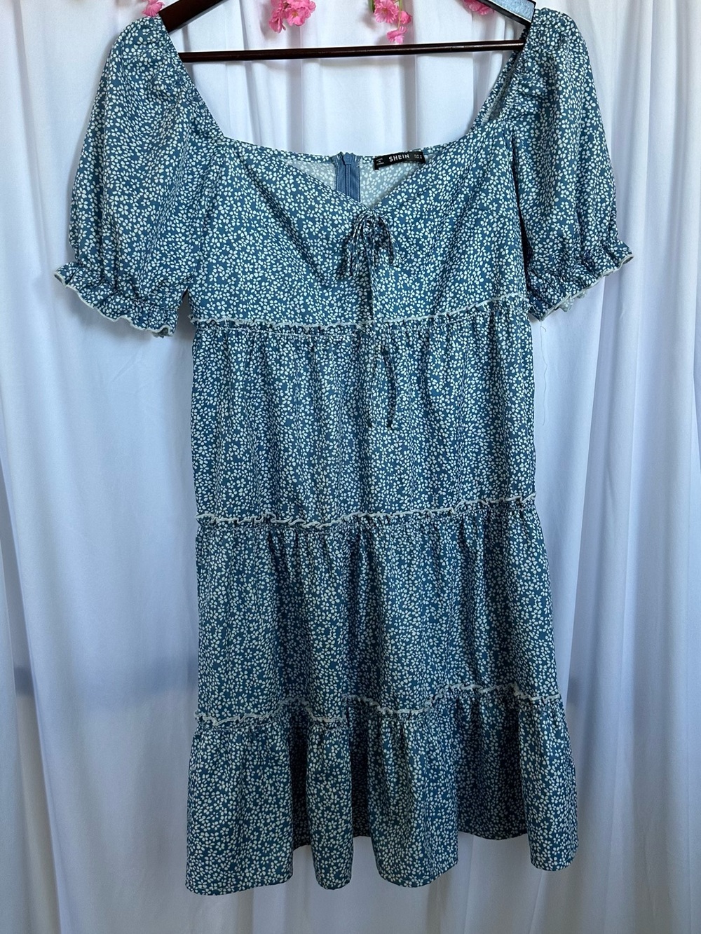 SHEIN Blue Floral Square Neck Tie Dress